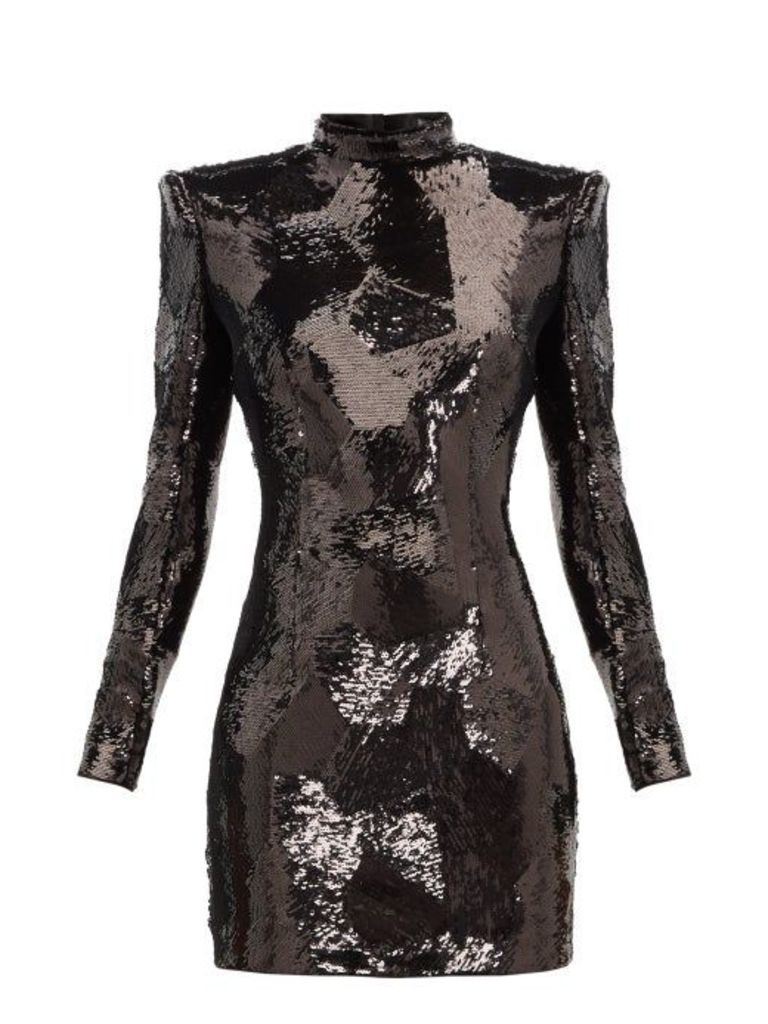 Balmain - Exaggerated-shoulder Sequinned Mini Dress - Womens - Black