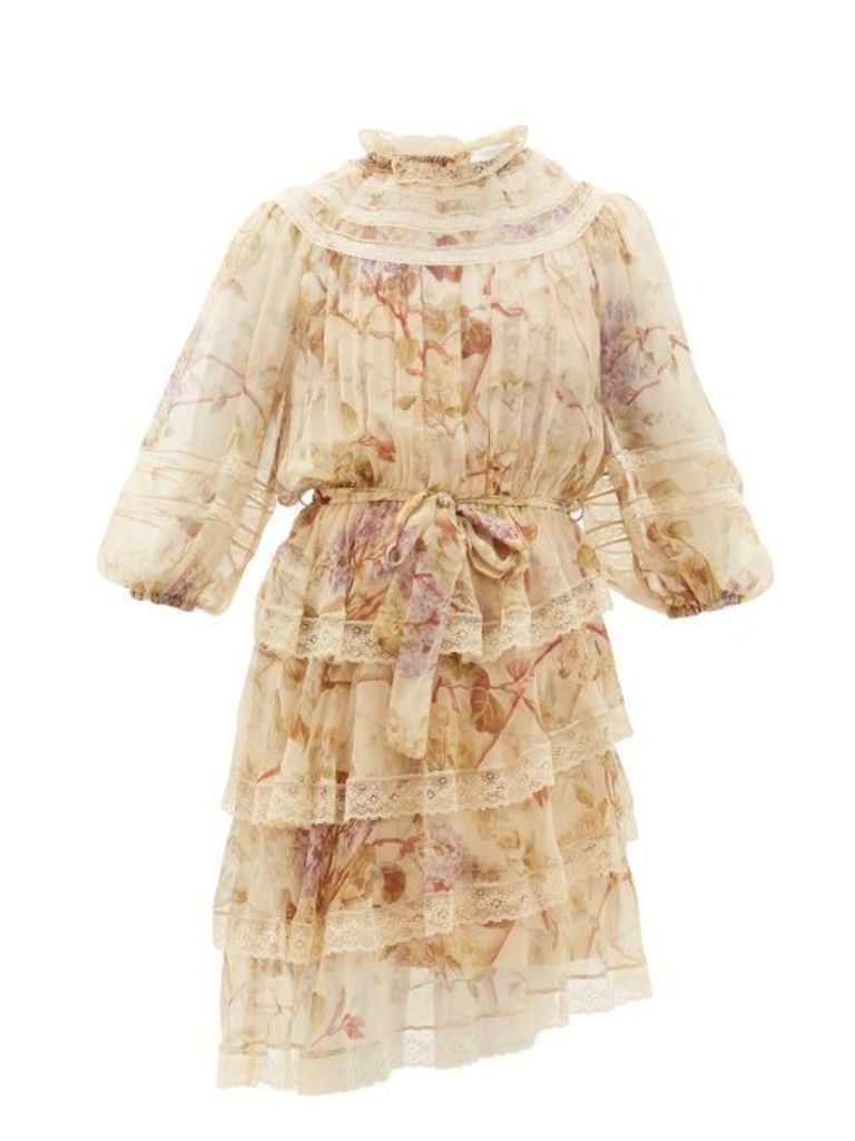 Zimmermann - Sabotage Lace-trimmed Floral-print Silk Mini Dress - Womens - Cream Print