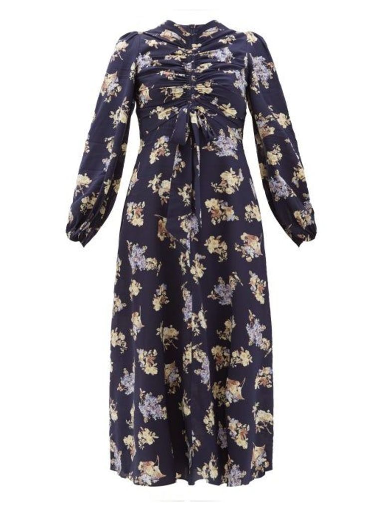 Zimmermann - Sabotage Ruched Floral-print Silk-blend Midi Dress - Womens - Navy Print