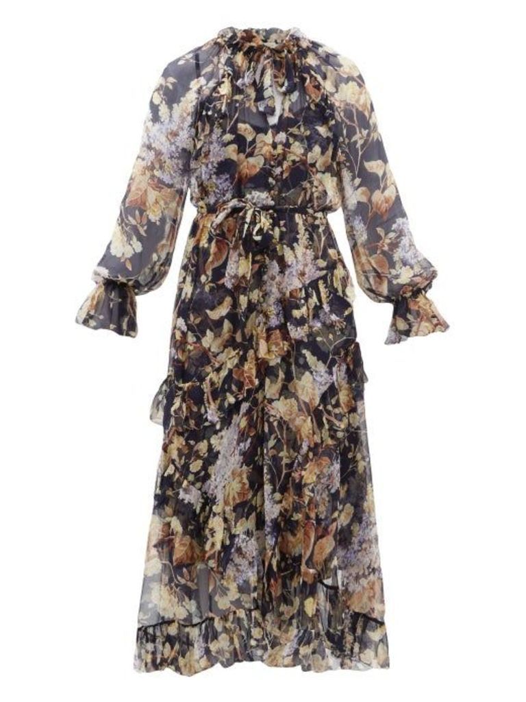 Zimmermann - Sabotage Floral-print Silk-chiffon Midi Dress - Womens - Navy Print