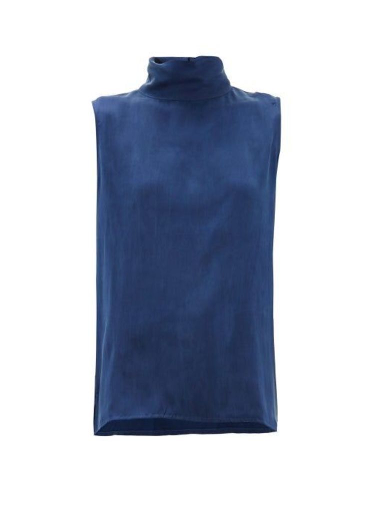 Worme - High-neck Silk Blouse - Womens - Dark Blue