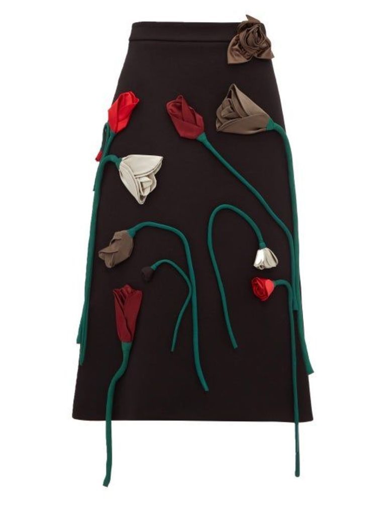 Prada - Silk-flower Appliqué A-line Wool Skirt - Womens - Black Multi