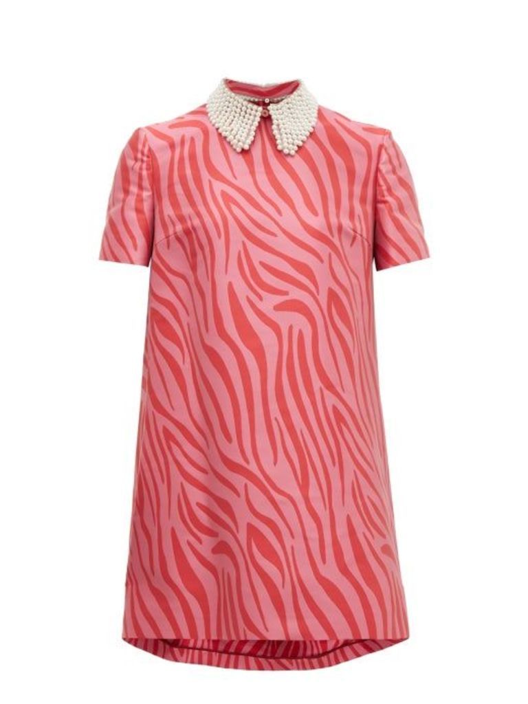 Sara Battaglia - Faux Pearl-collar Zebra-jacquard Shift Dress - Womens - Pink Multi