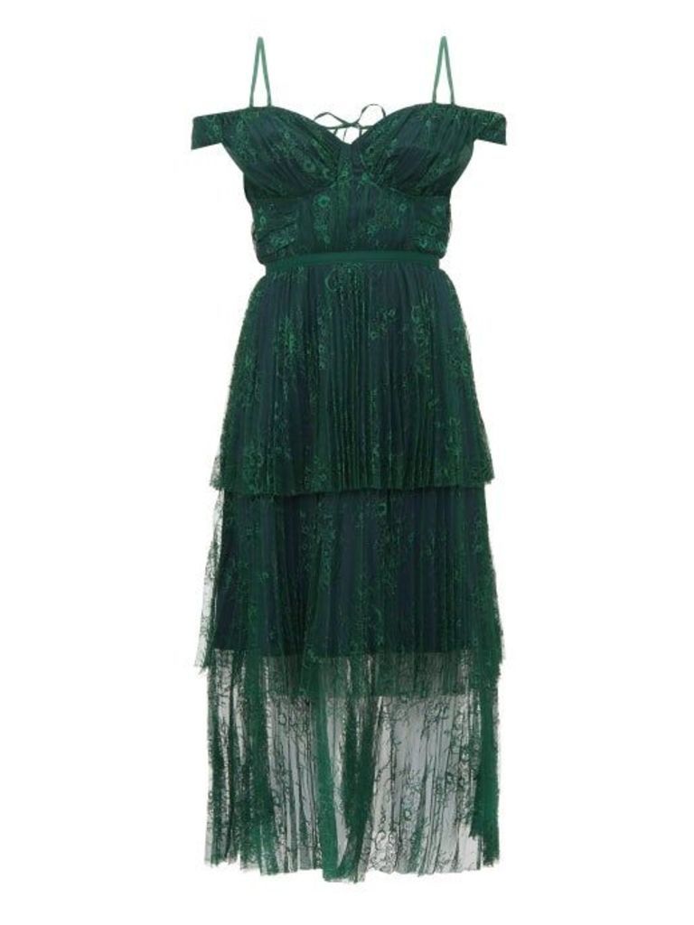 Self-portrait - Off-the-shoulder Floral-lace Midi Dress - Womens - Dark Green