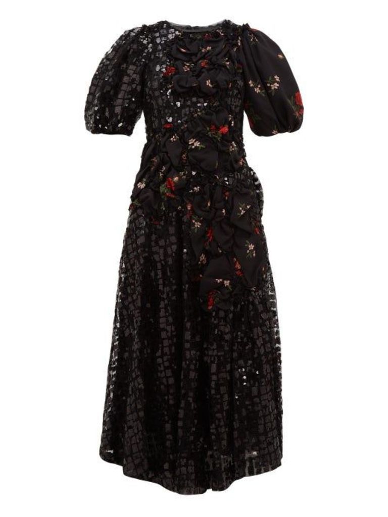 Simone Rocha - Sequinned Floral-print Crepe Midi Dress - Womens - Black Multi