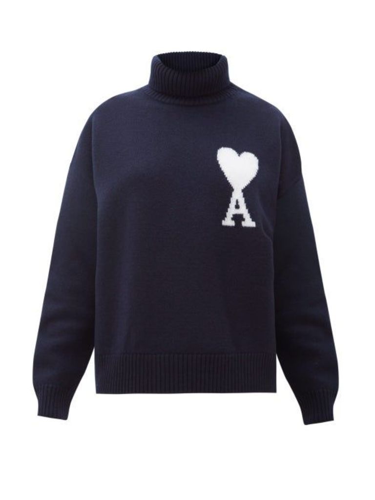 Ami - Logo-intarsia Merino-wool Sweater - Womens - Navy