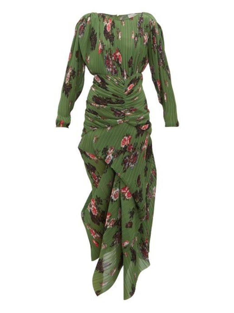 Preen By Thornton Bregazzi - Ofira Plissé Floral-print Georgette Midi Dress - Womens - Green Multi