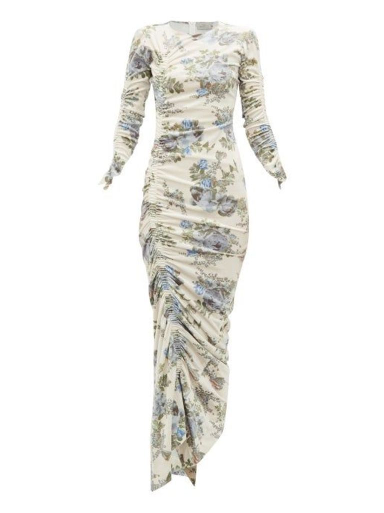 Preen By Thornton Bregazzi - Josepha Ruched Floral-print Velvet Dress - Womens - Ivory Multi