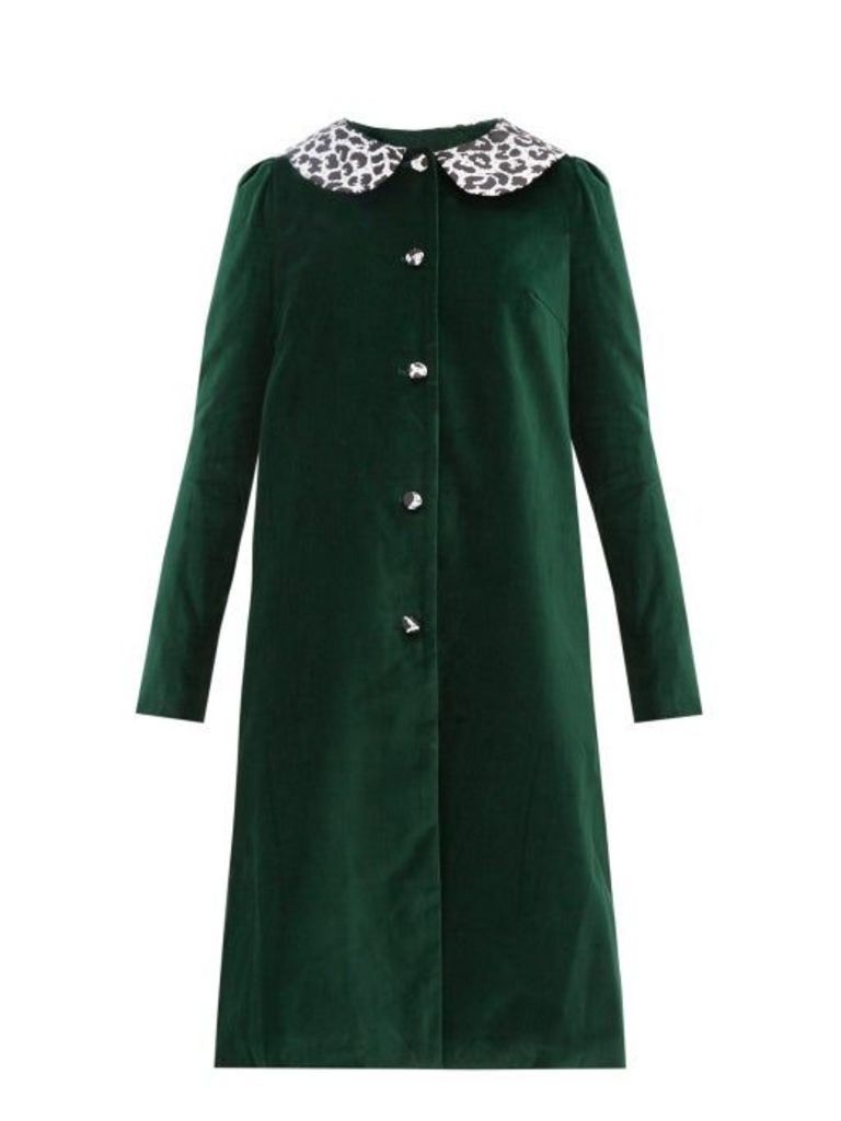 Batsheva - Leopard-print Collar Cotton-velvet Swing Coat - Womens - Green