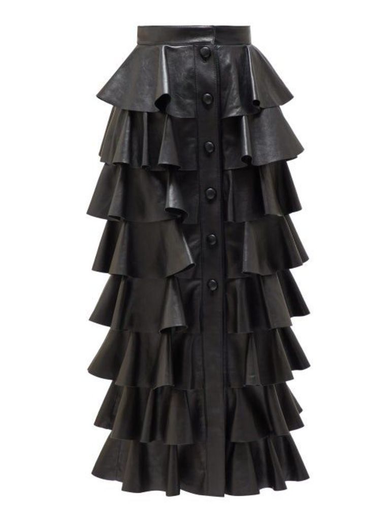Saint Laurent - Ruffled Leather Midi Skirt - Womens - Black