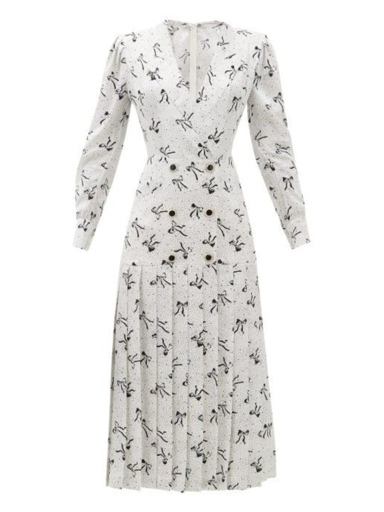 Alessandra Rich - Bow And Dot-print Pleated-skirt Silk Dress - Womens - White Black