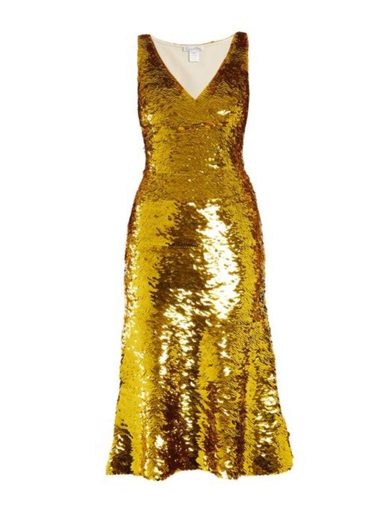 Oscar De La Renta - V Neck Sequin Embellished Silk Blend Dress - Womens - Gold