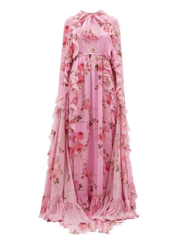 Giambattista Valli - Peony-print Ruffle-trimmed Silk Cape Gown - Womens - Pink Multi