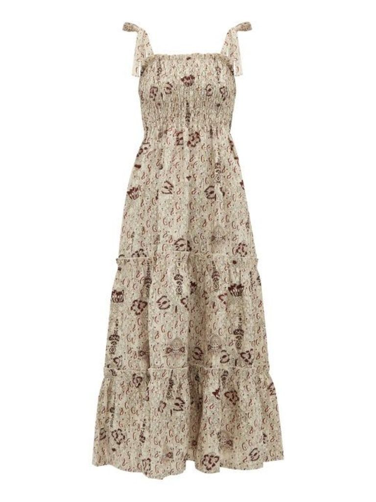 Sir - Stella Shirred Floral-print Linen Dress - Womens - Beige