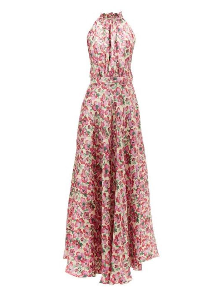 Raquel Diniz - Giovanna Floral-print Silk Lamé Dress - Womens - Pink Multi