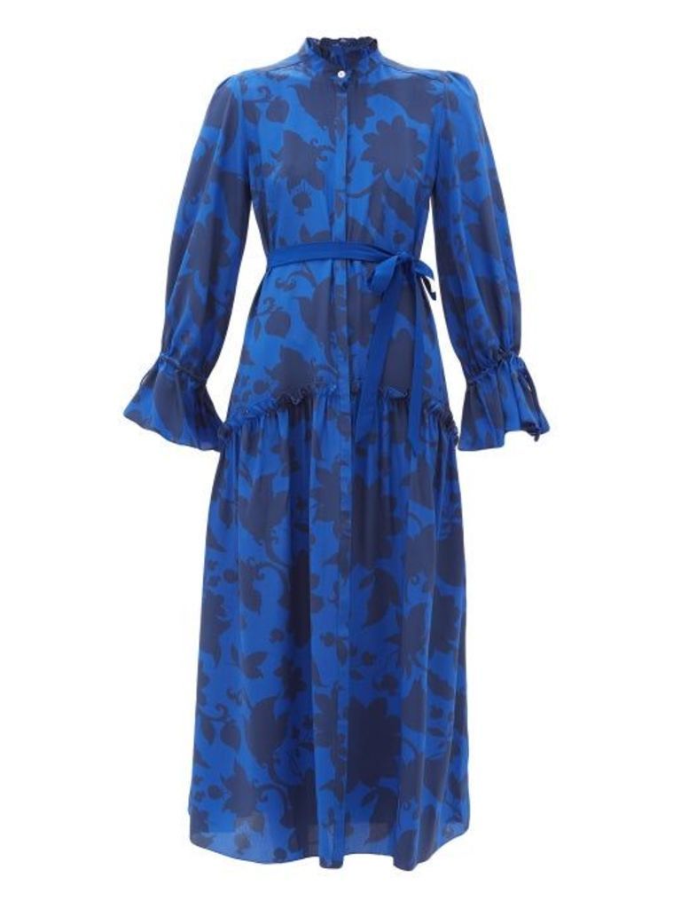 Beulah - Darsha Floral-print Silk Midi Dress - Womens - Blue Print
