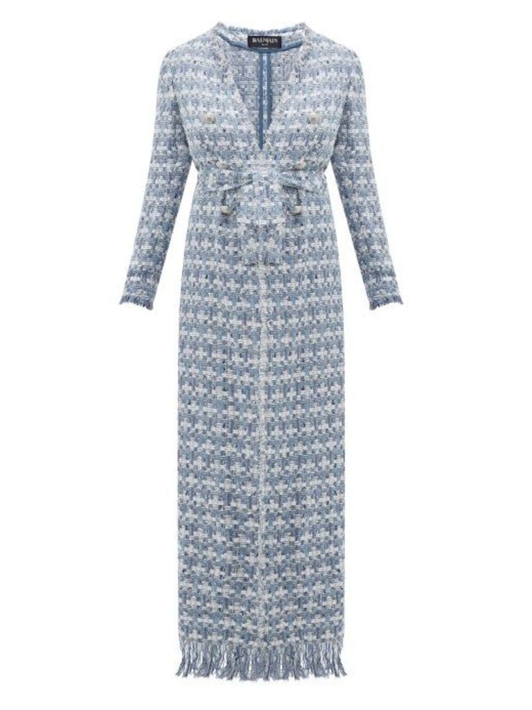 Balmain - Double-breasted Belted Bouclé-tweed Coat - Womens - Blue White