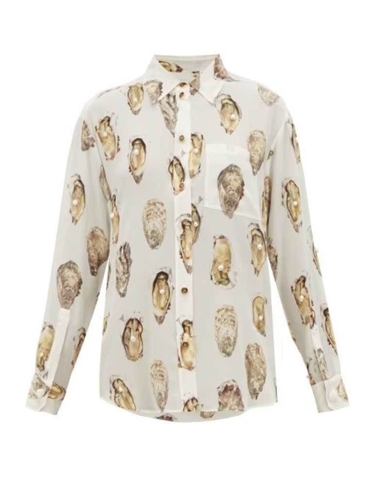Burberry - Oyster Print Pearl Embroidered Silk Blouse - Womens - White Print
