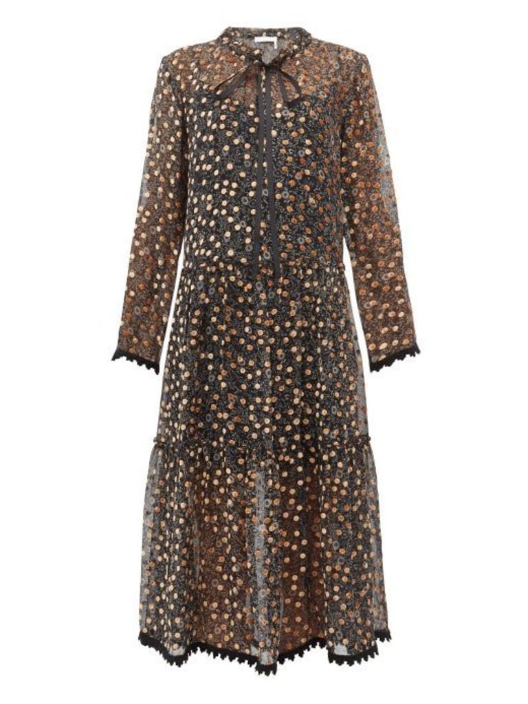 See By Chloé - Floral Tiered Silk Fil Coupé Midi Dress - Womens - Black Multi
