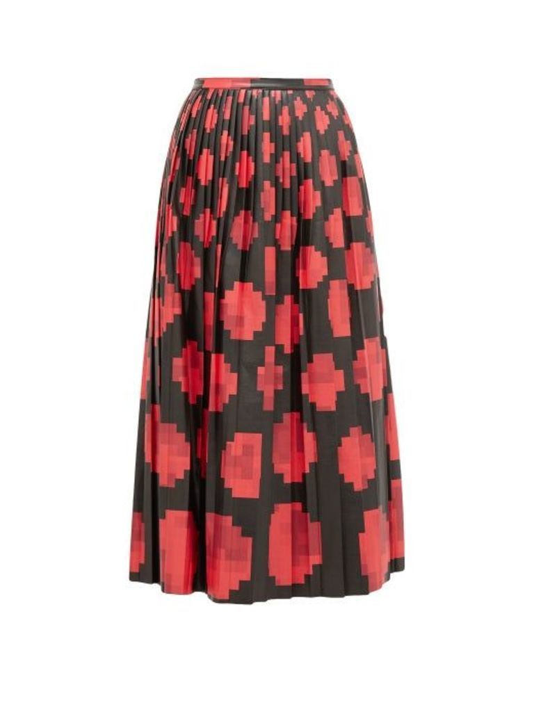 Marni - Pleated Pixel Print Leather Midi Skirt - Womens - Black Red