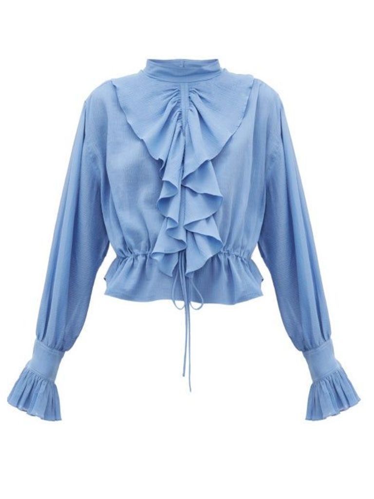 JW Anderson - Ruffled Funnel-neck Cotton Crepe Blouse - Womens - Blue