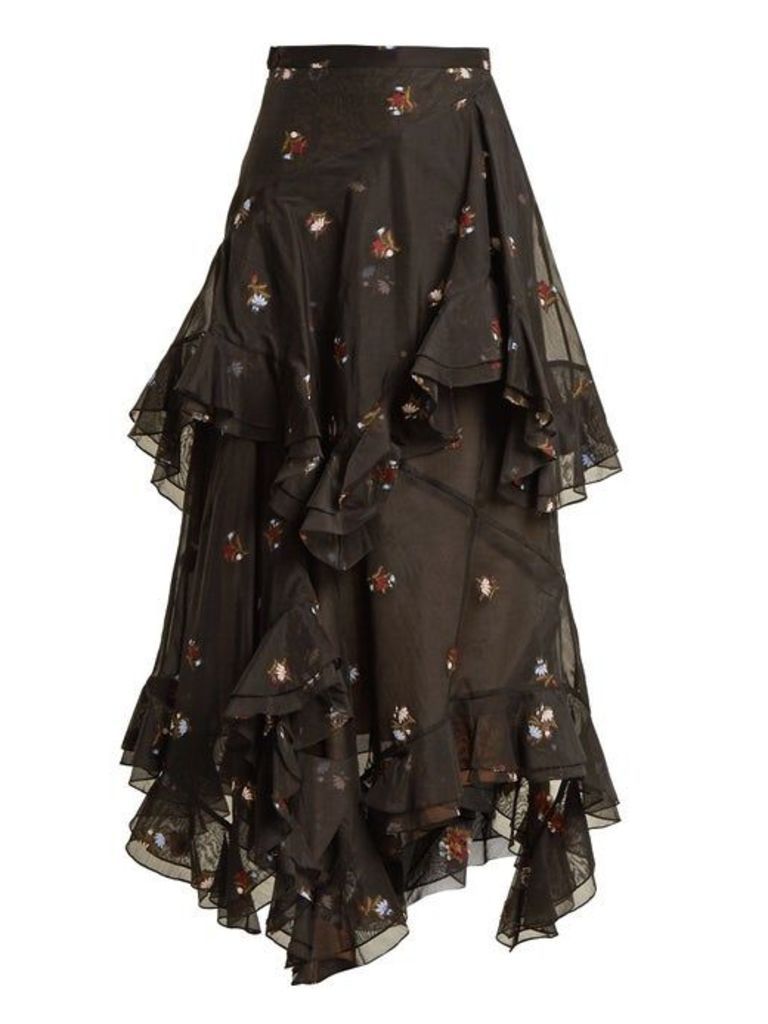 Erdem - Elsa Floral Embroidered Tiered Cotton Blend Skirt - Womens - Black