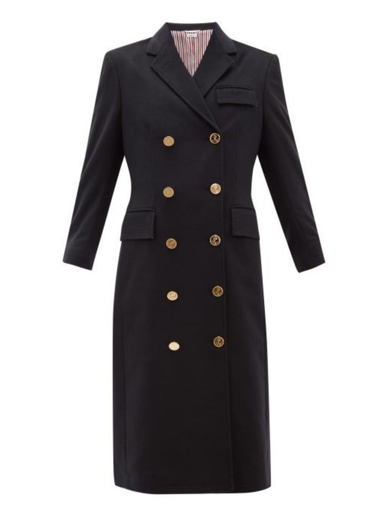 Thom Browne - Double Breasted Tricolour Trim Cashmere Coat - Womens - Navy