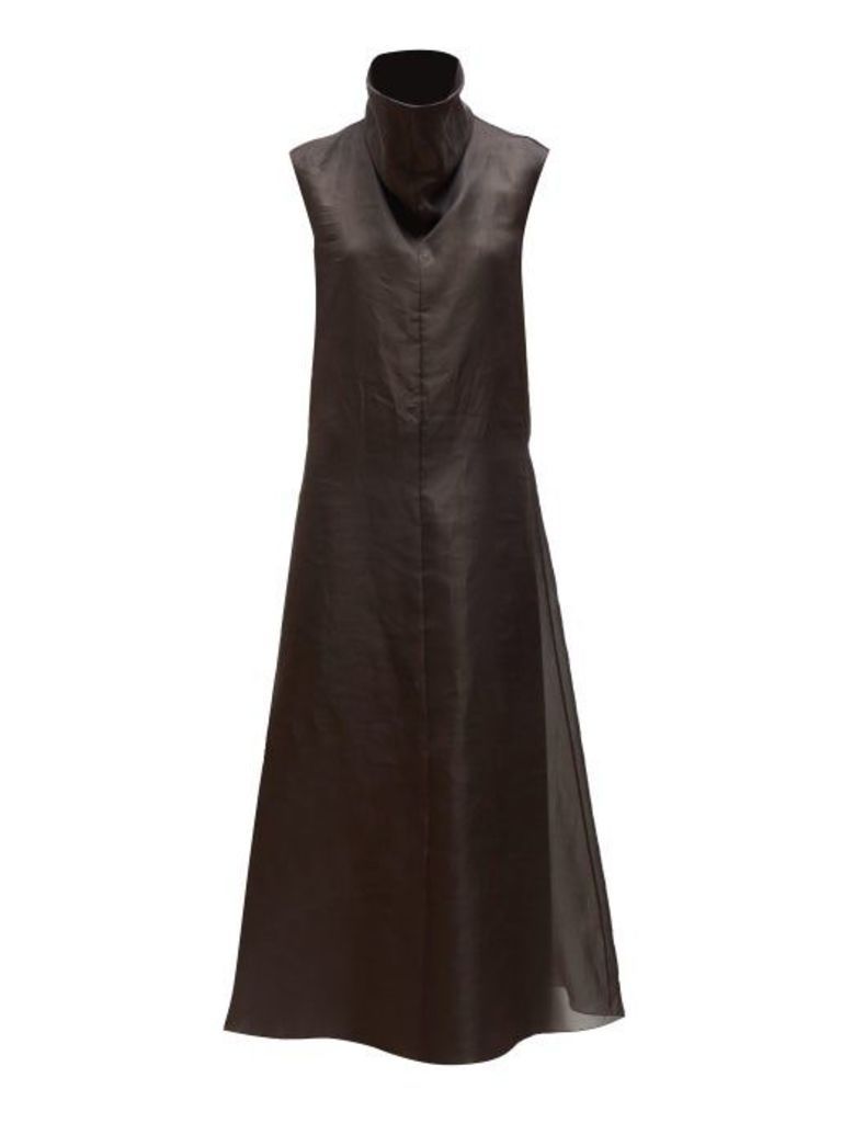 The Row - Virginia Funnel-neck Silk-organza Midi Dress - Womens - Dark Brown