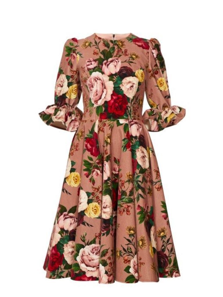 Dolce & Gabbana - Floral-print Velvet Knee-length Dress - Womens - Pink Multi