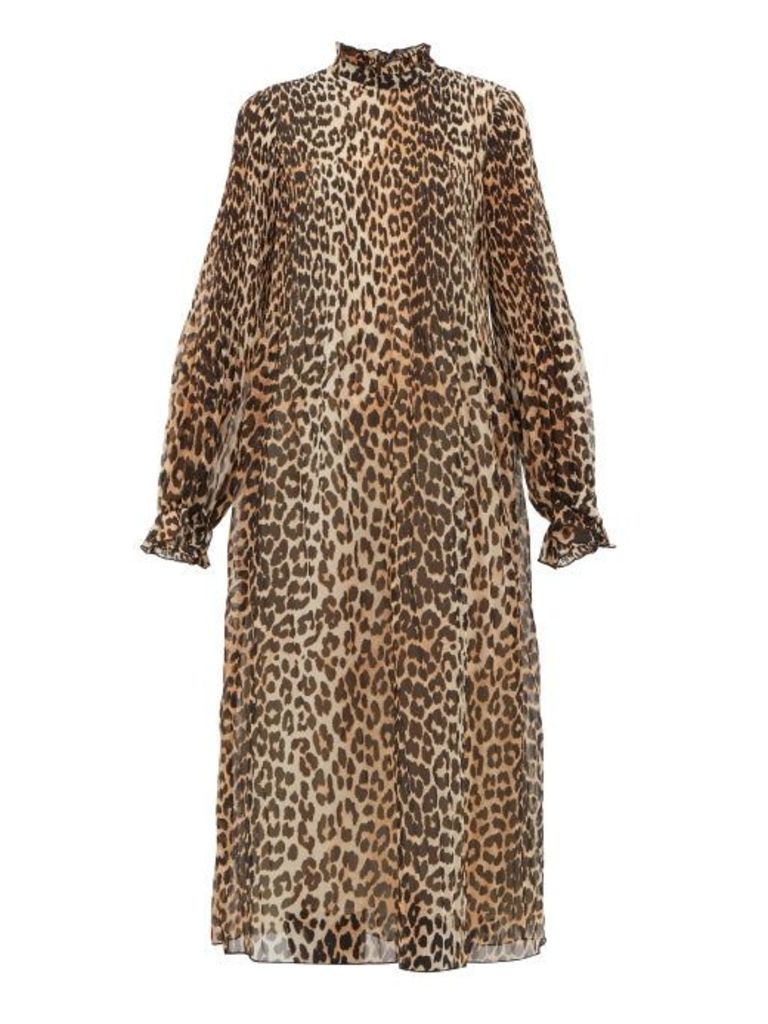 Ganni - Leopard Print Plissé Midi Dress - Womens - Leopard