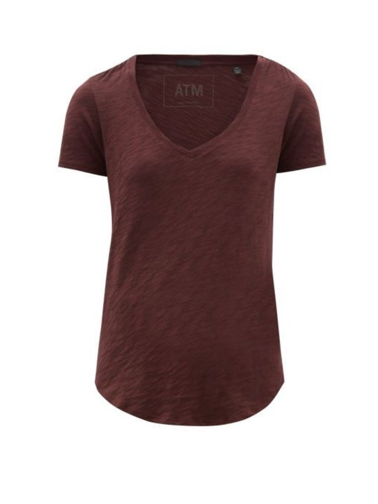 ATM - Scooped V-neck Slubbed-cotton T-shirt - Womens - Burgundy