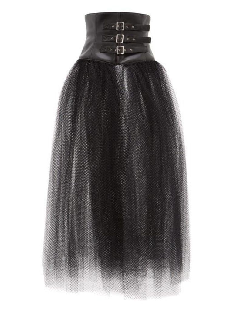 Noir Kei Ninomiya - Faux Leather-corset Mesh Skirt - Womens - Black