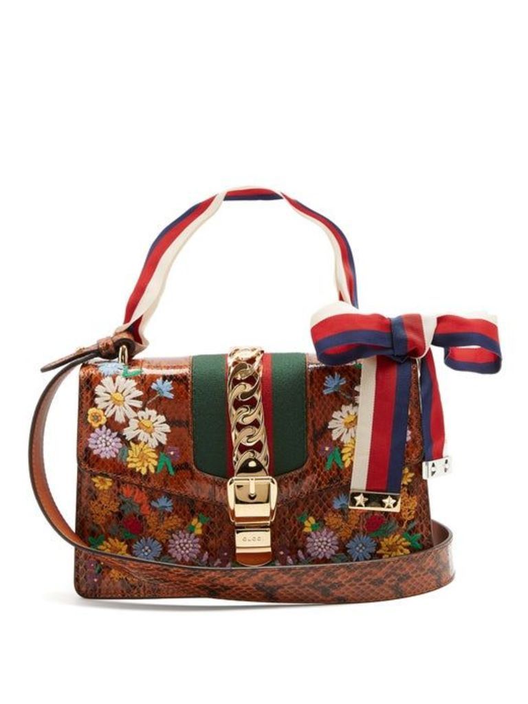 Gucci - Floral Embroidered Watersnake Shoulder Bag - Womens - Brown Multi