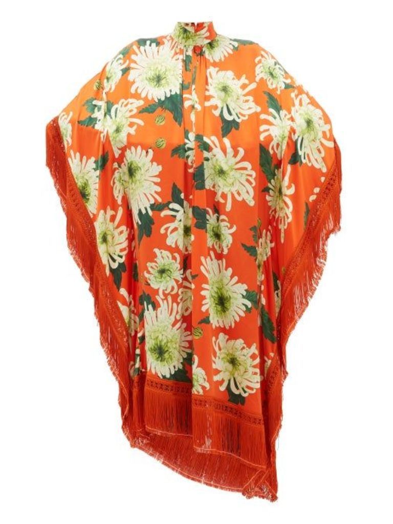 Andrew Gn - Fringed Floral-print Silk-blend Poncho Dress - Womens - Orange Multi