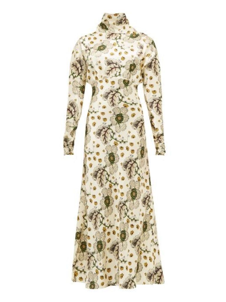 Etro - Leicester High Neck Floral Print Satin Dress - Womens - Ivory Multi