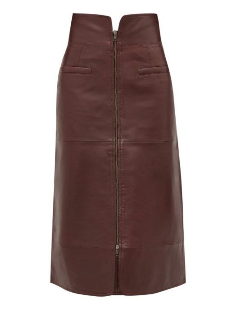 Sea - Lidia Zipped Leather Midi Skirt - Womens - Burgundy