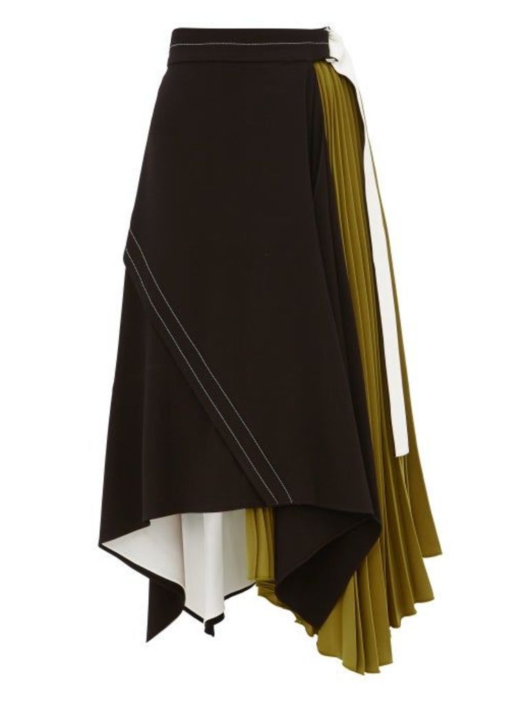 Proenza Schouler - Pleated Leather-trim Matte-crepe Skirt - Womens - Black Green