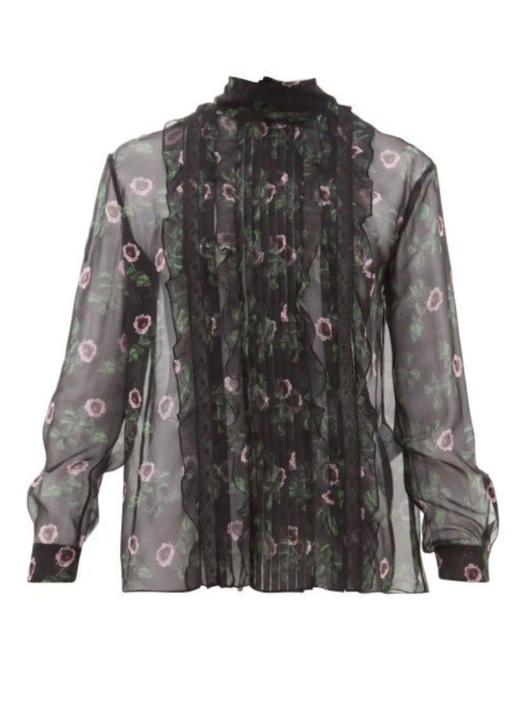 Valentino - Lip Floral-print Pleated Silk-chiffon Blouse - Womens - Black Multi