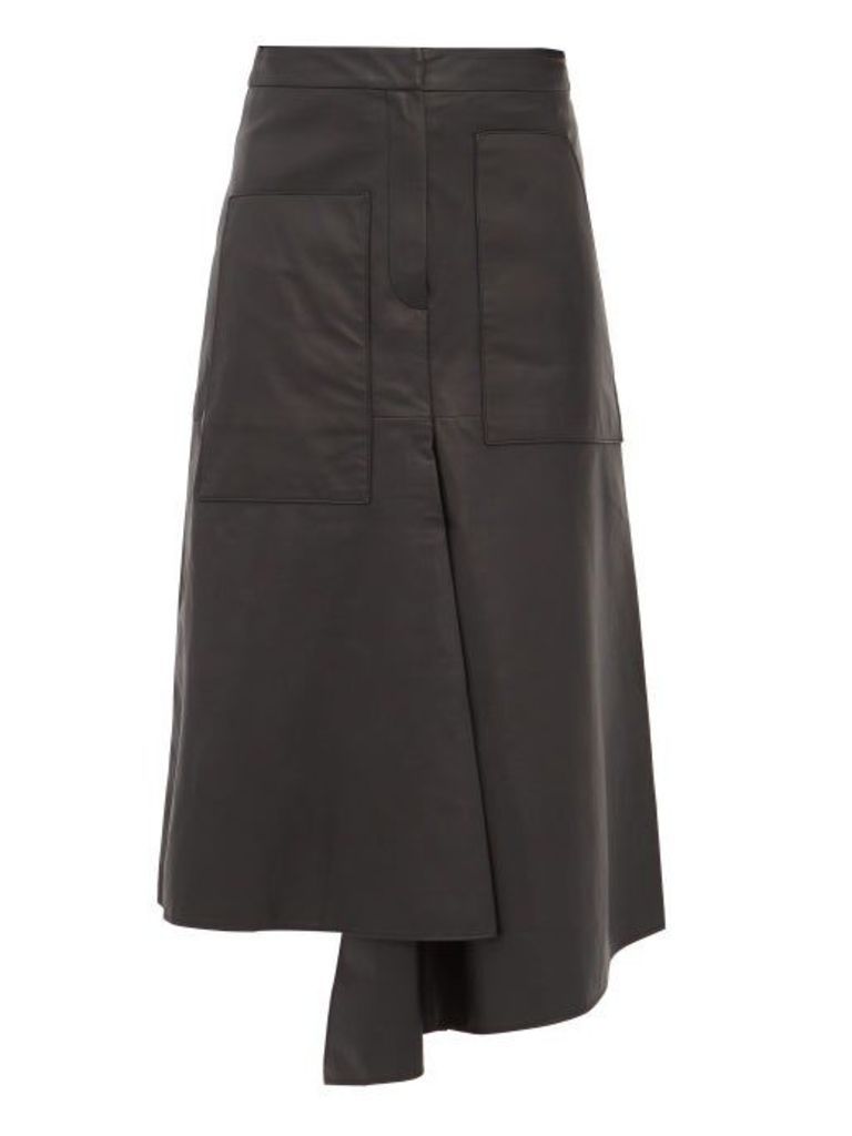 Tibi - Asymmetric Leather Midi Skirt - Womens - Black