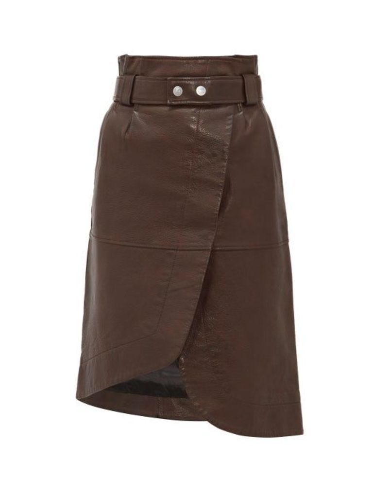 Ganni - Asymmetric Grained-leather Skirt - Womens - Dark Brown