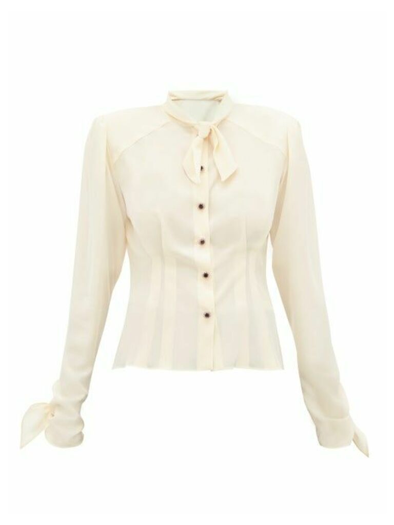 Dolce & Gabbana - Tie-neck Exaggerated-shoulder Silk Blouse - Womens - Cream