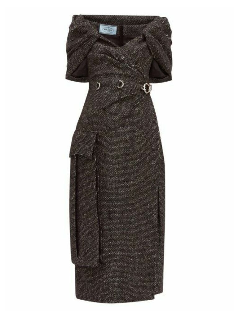 Prada - Cape-panel Wool-blend Tweed Dress - Womens - Black White