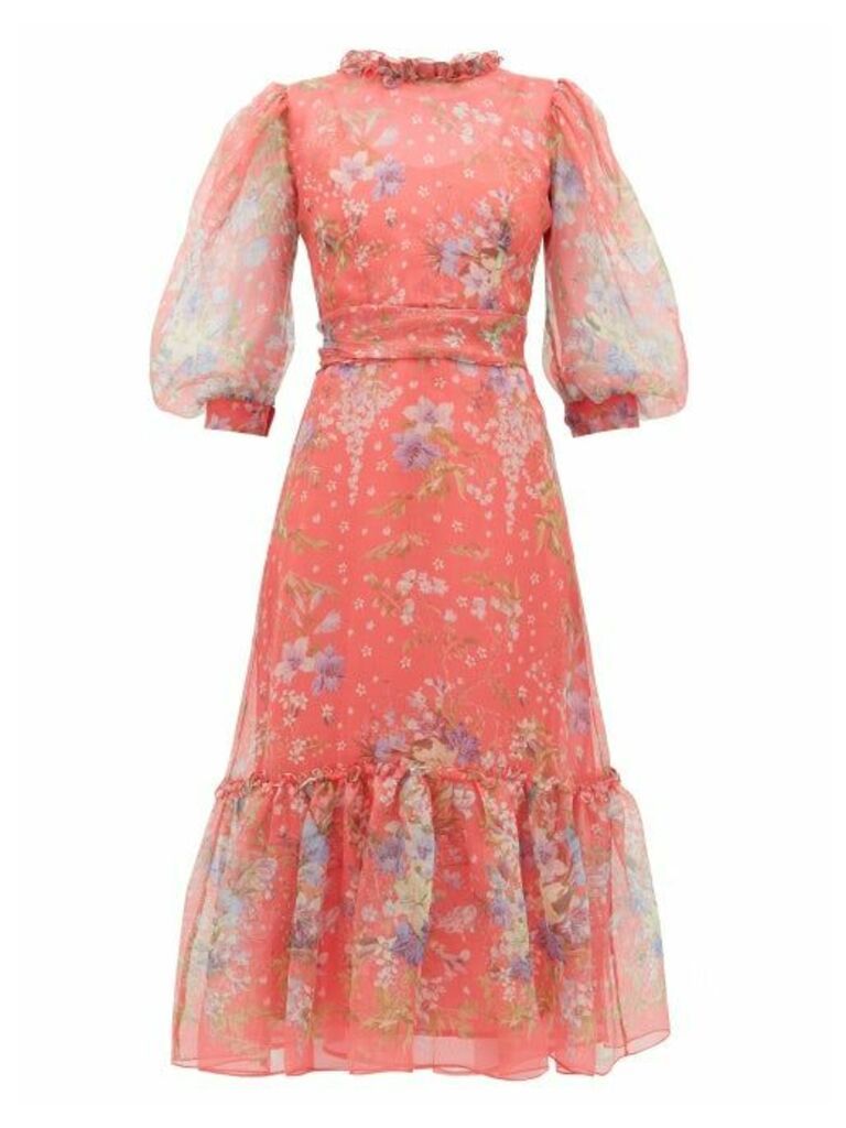 Luisa Beccaria - Floral-print Silk-gauze Midi Dress - Womens - Pink Multi
