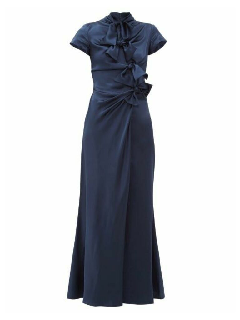 Saloni - Kelly Bow-trim Silk-charmeuse Maxi Dress - Womens - Navy
