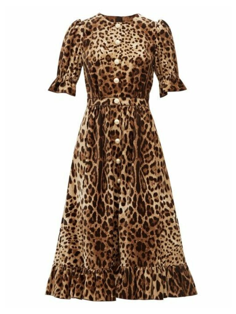 Dolce & Gabbana - Ruffle-trim Leopard-print Velvet A-line Midi Dress - Womens - Leopard