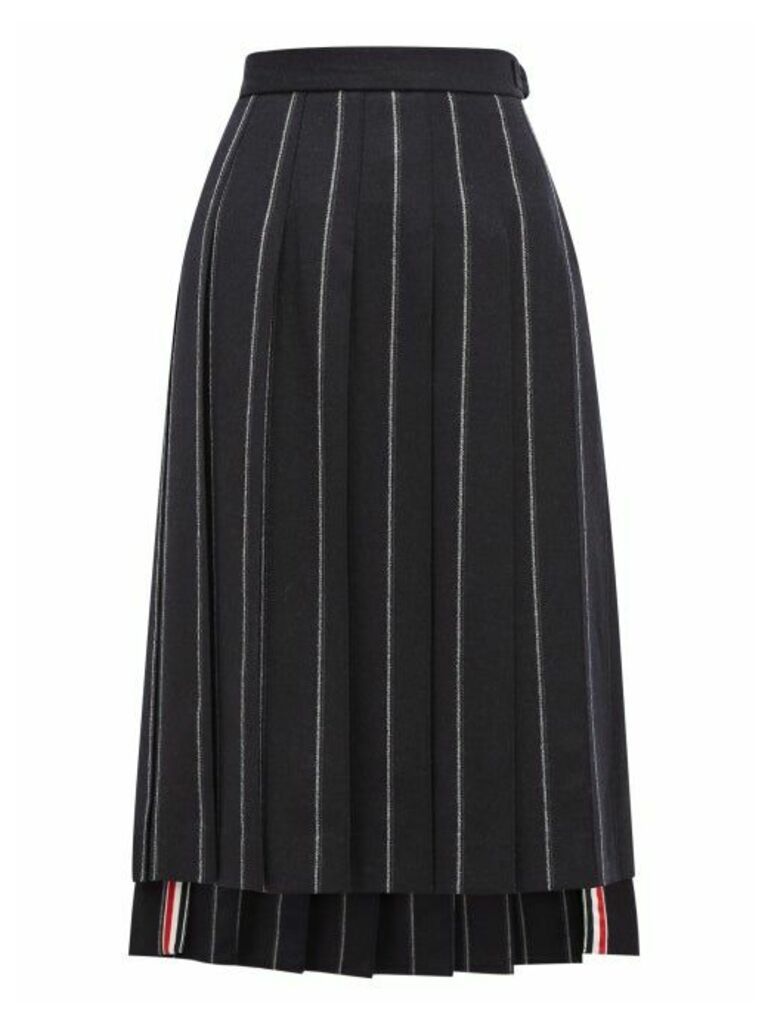 Thom Browne - Layered Chalk-striped Pleated Wool Midi Skirt - Womens - Navy