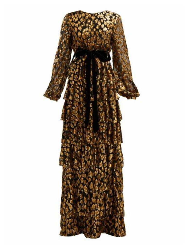 Valentino - Tiered Leopard Fil Coupé Chiffon Gown - Womens - Black Gold