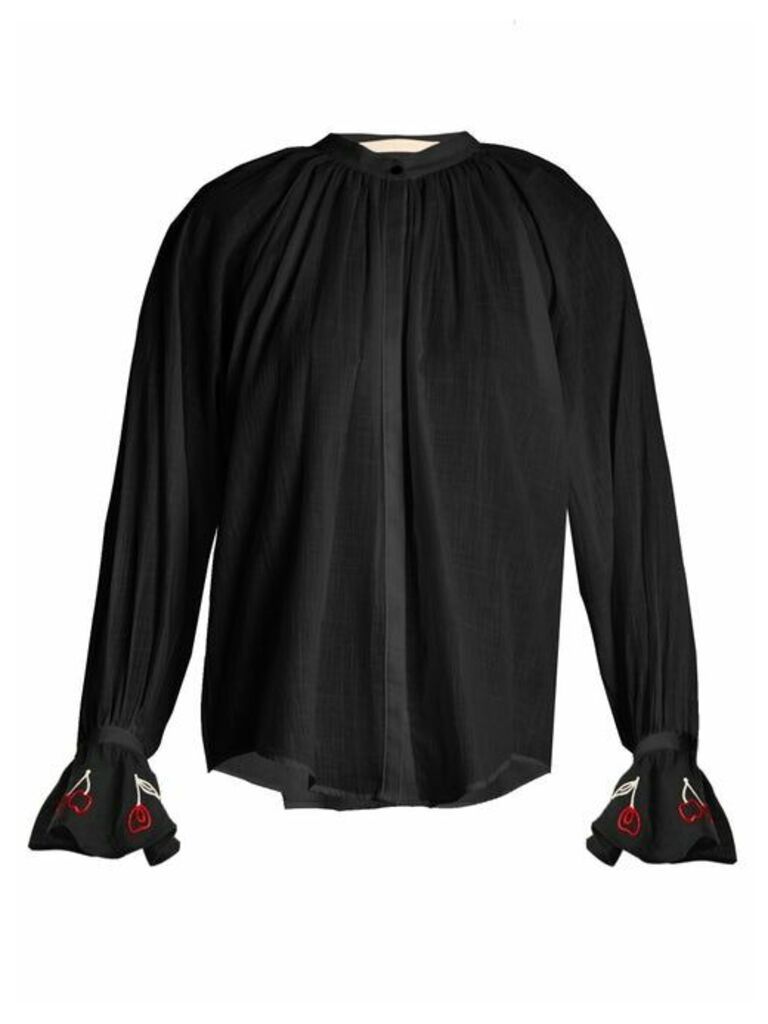 Bliss And Mischief - Cherry-embroidered Cotton-voile Shirt - Womens - Black