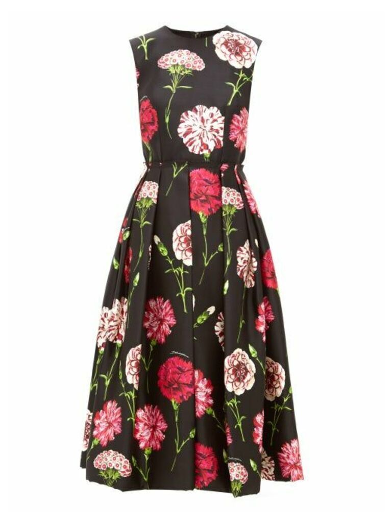 Dolce & Gabbana - Carnation-print Pleated Silk-faille Dress - Womens - Black Multi