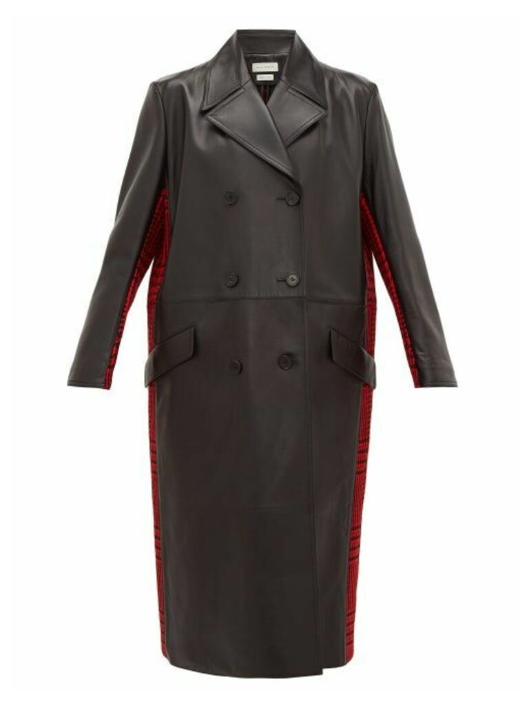 Alexander Mcqueen - Double-breasted Checked Wool And Leather Coat - Womens - Black Red